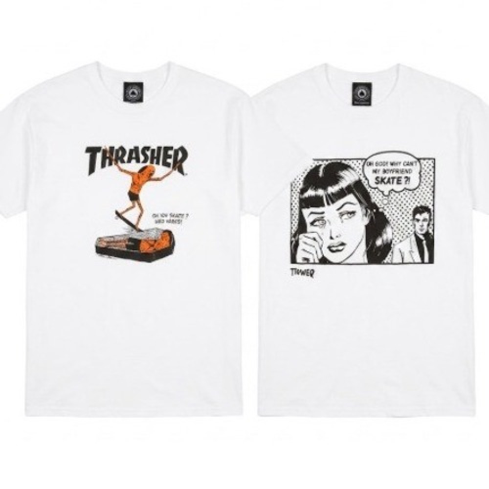 Thrasher T-Shirt Men's Medium White Graphic Skate Comic Style Lot of 2 Stained